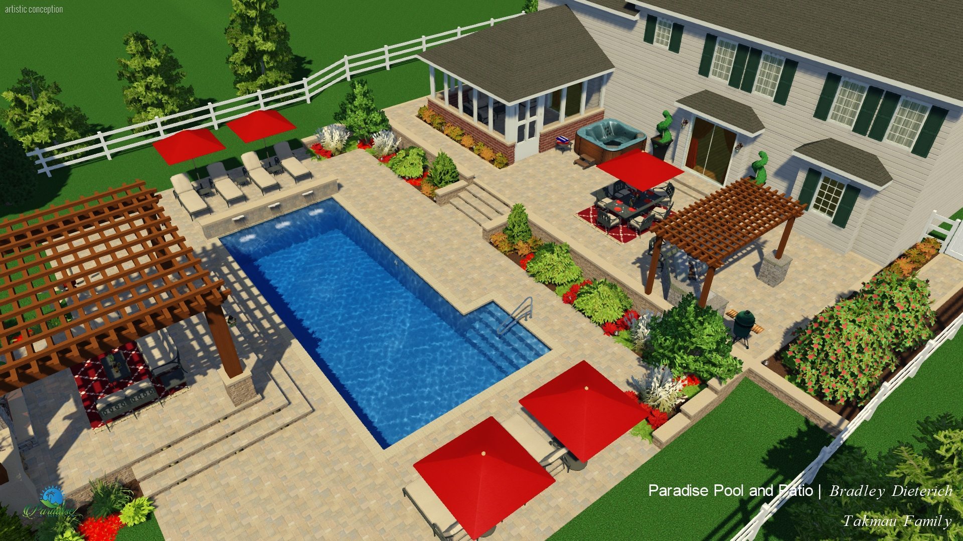 Over the top 3d visual of in ground swimming pool